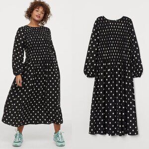 H&M black polka dot smock goth smocking balloon sleeve midaxi maxi dress medium